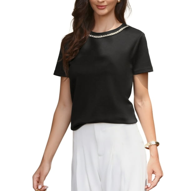 INSPIRAR CHIC Blusas de Cuello de Tweed para Mujeres 2026 de Manga Corta Verano Elegante L Negro