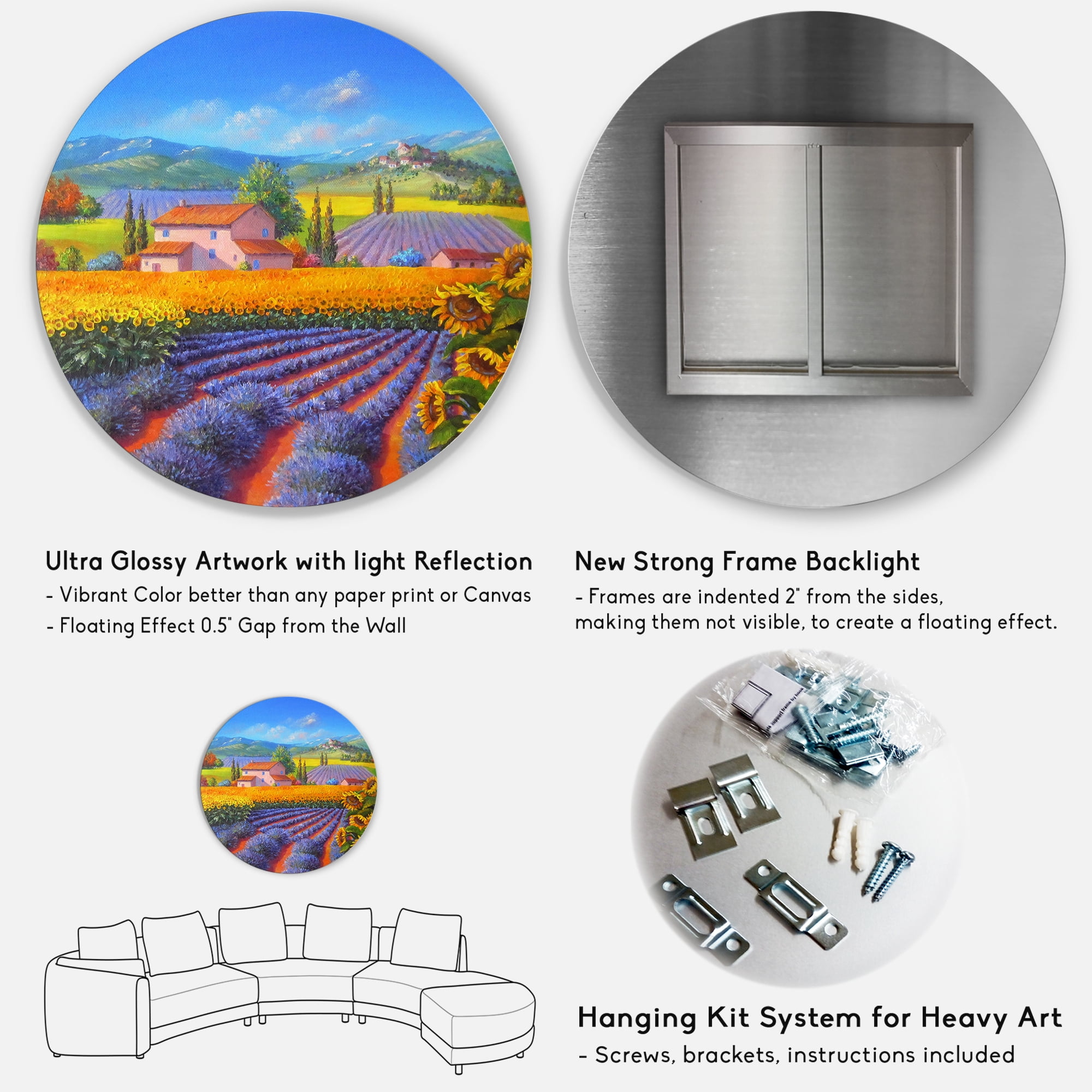 Designart 'Sunflower and Lavender Fields' Traditional Circle Metal Wall Art 11x11 - Disc of 11