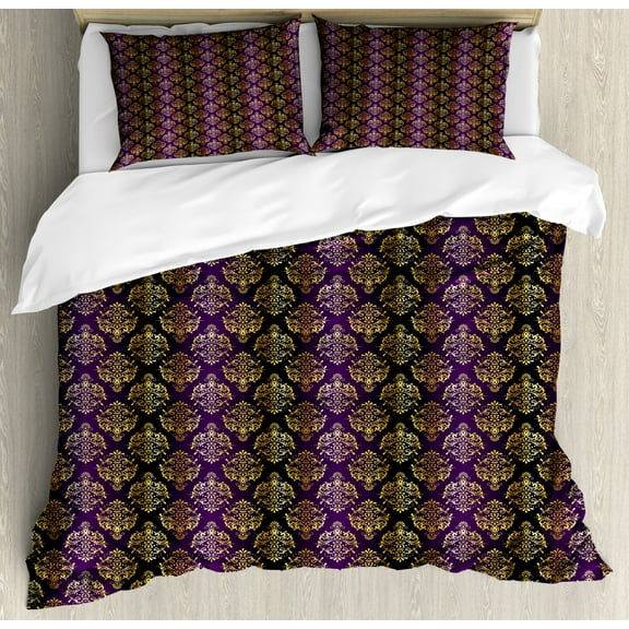 Yellow Damask King Size Duvet Cover Set, Graphic Pattern of Stylized Oriental Leaf and Dot Repeating Print, Decorative 3 Piece Bedding Set with 2 Pillow Shams, Dark Purple and Yellow, by Ambesonne