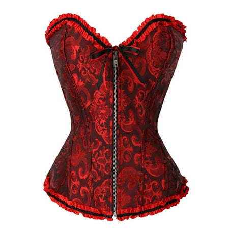 JULMCOMO Overbust Corset Tops for Women Bustier Shapewear Lingerie Lace Trim Floral Waist Training Cincher Push Up Bodysuit Red 3XL