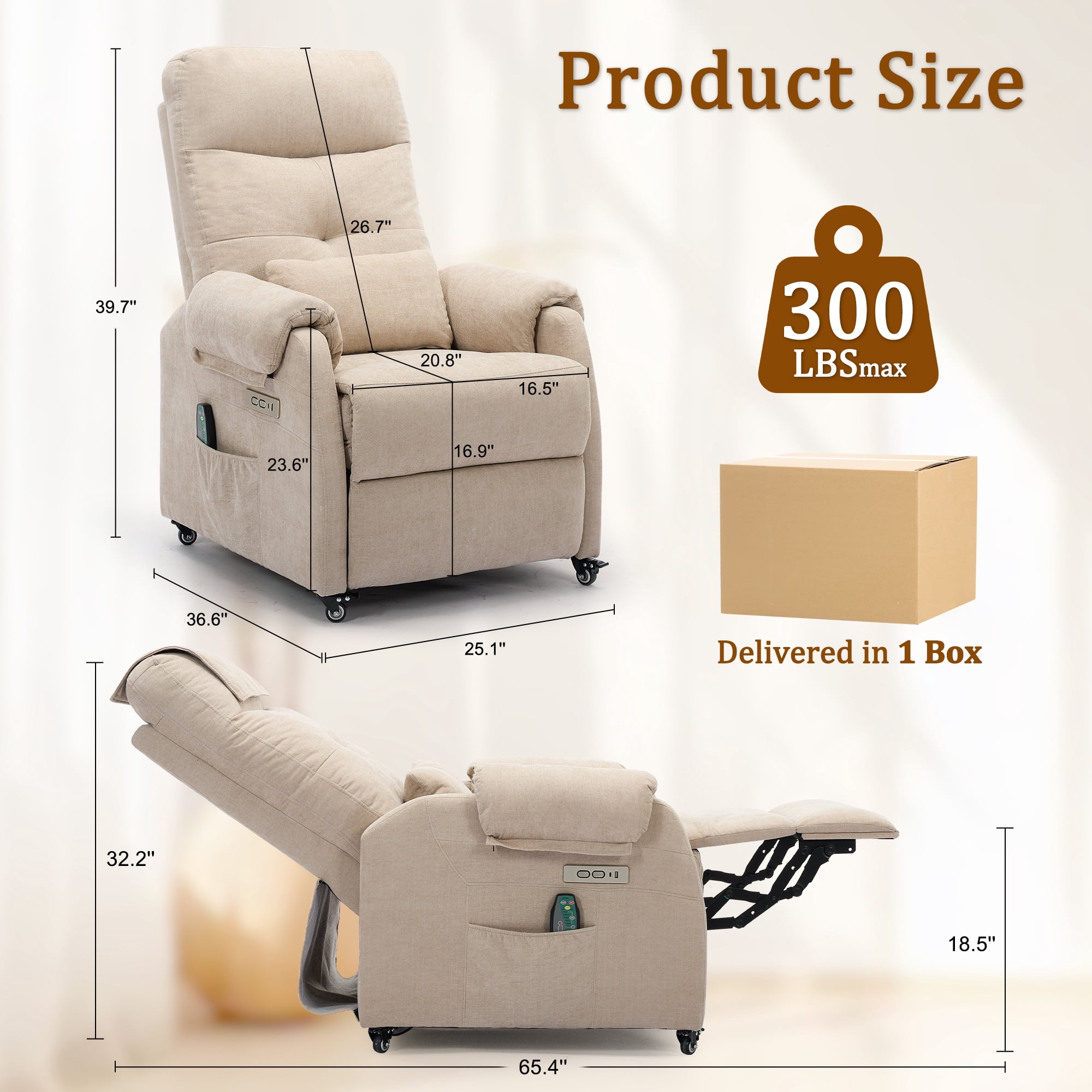 Korser Power Small Recliner Chair for Small Spaces with Wheels and USB Ports for Living Room,Khaki