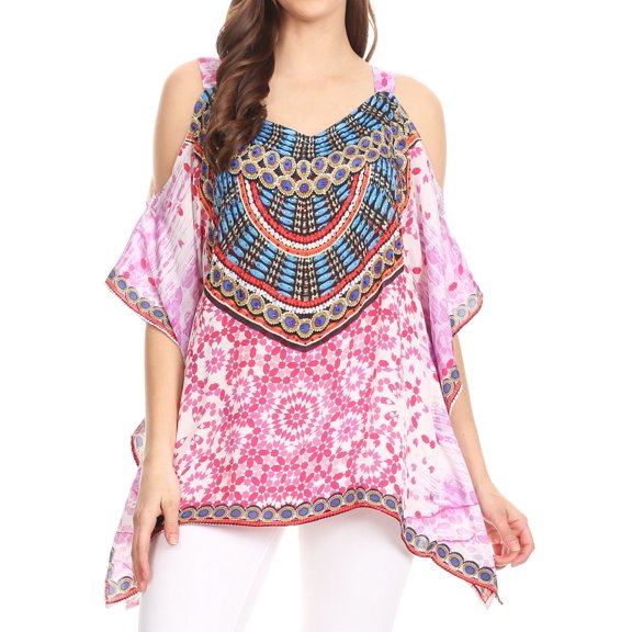 Sakkas Saanvi Printed Draped Short Sleeve Strap Cutout Shoulder V-Neck Kaftan Top - MM114-Multi - 3X/4X
