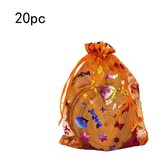 20 Pack Halloween Mesh Drawstring Bags, Orange Spooky Print Treat Bags for Candy Snacks Small Gifts, Party Favors for Kids Classroom Fall Festival