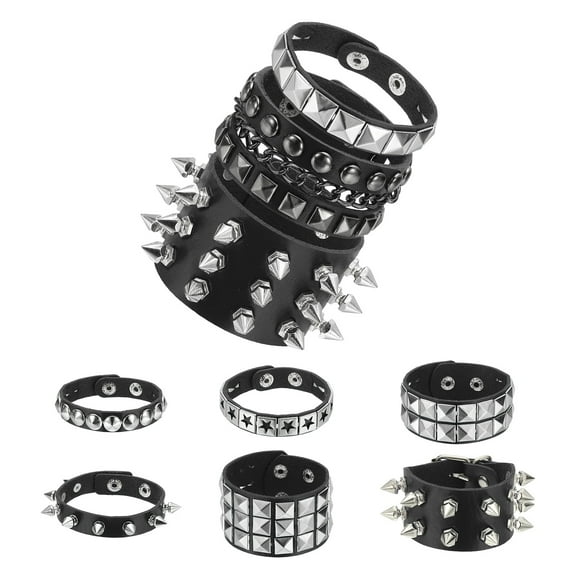 Uxcell 9Pcs Rock Punk Studded Leather Bracelet Set, 8.7"/22cm Goth Spiked Cuff Wristband Adjustable Bracelets for Halloween Party Favors Emo Grunge Accessories, Black