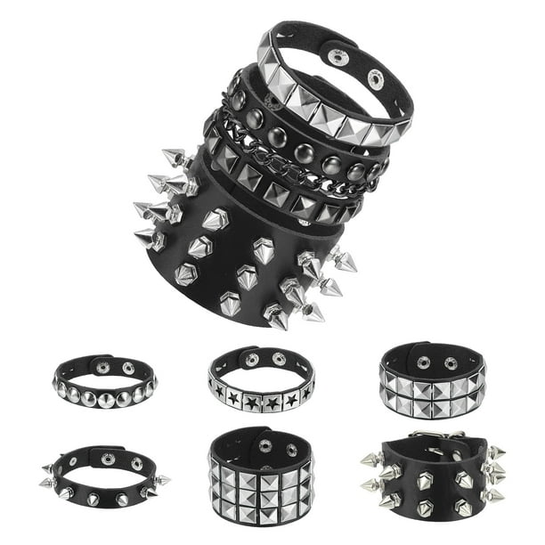 Conjunto de pulseras de cuero con picos punk rock de 9 piezas Uxcell, pulseras ajustables de 8.7"/22cm para fiestas de Halloween, accesorios emo grunge, negro