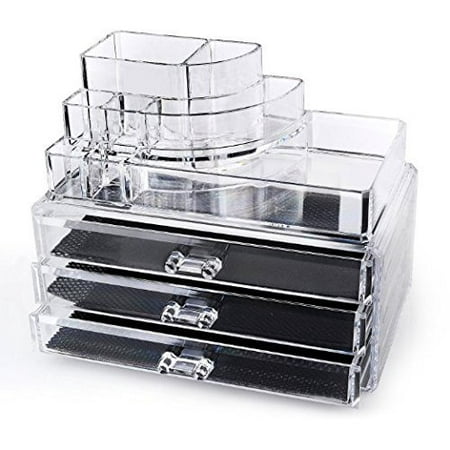Clear Acrylic Cosmetics Makeup Organizer 3 Drawers with 8 Compartments Top Section