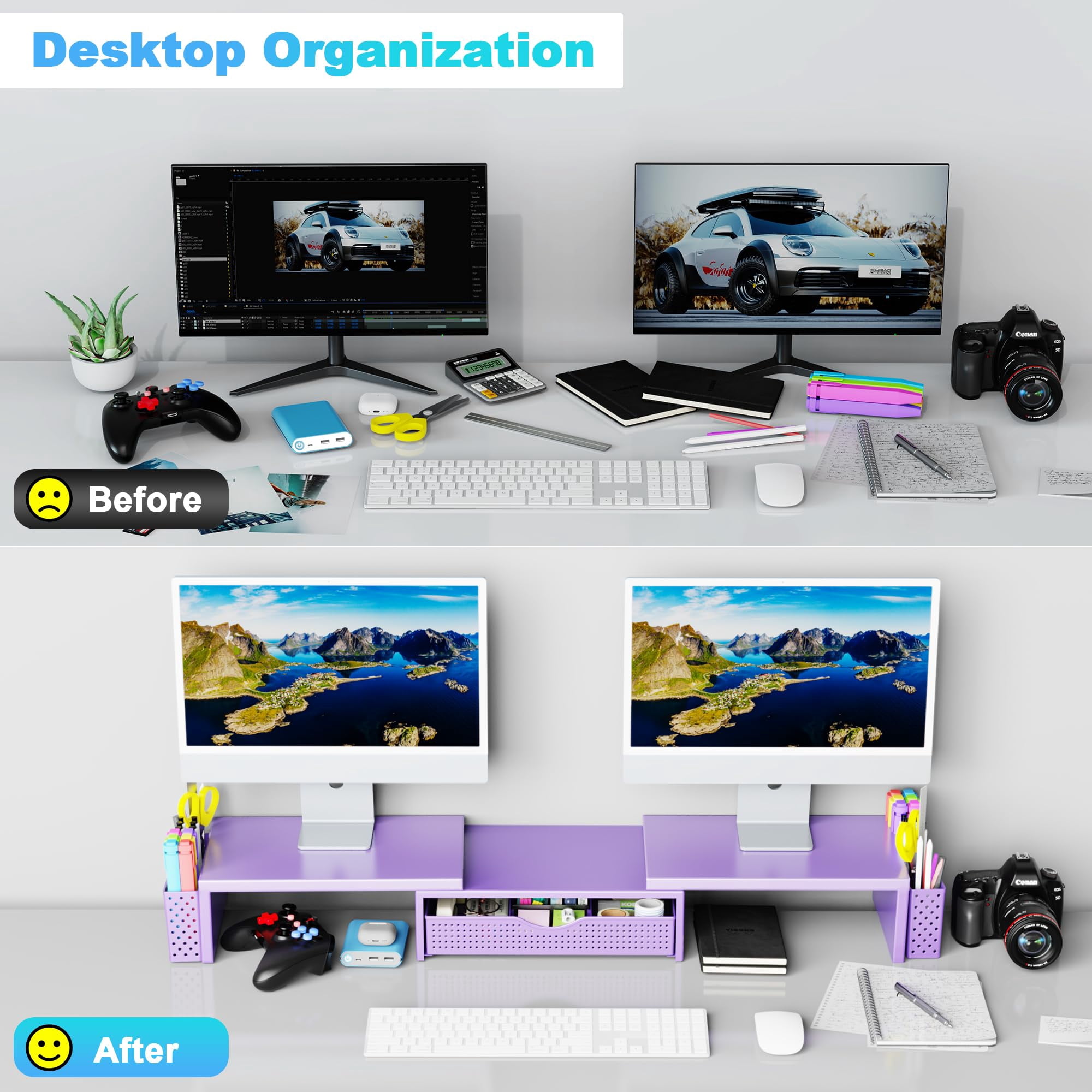 Metal Desk Organizers And Accessories  Dual Monitor Stand Riser With Drawer 2 Pen Holders & Workspace Desktop For Office Supplies (purple)