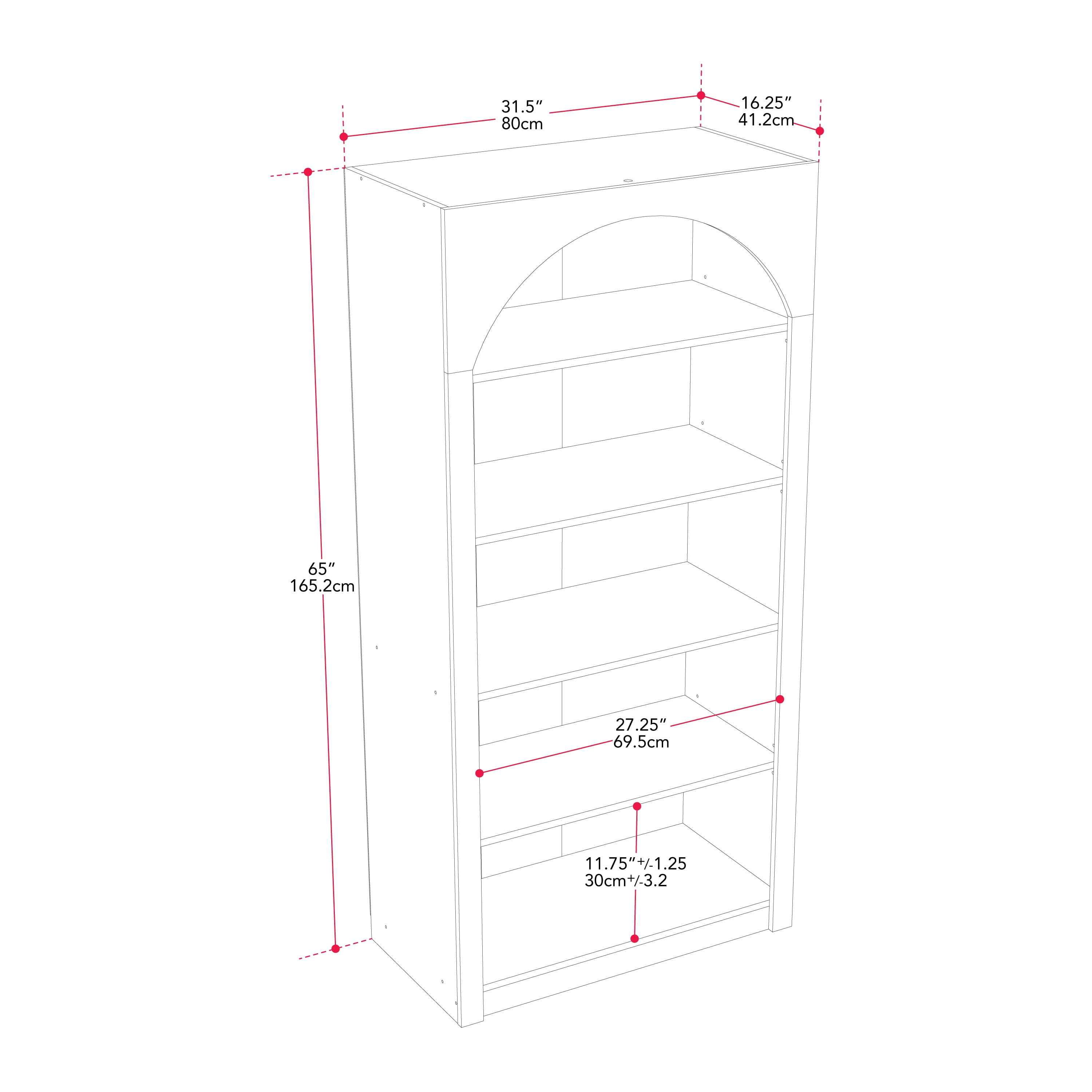 CorLiving Caldwell Engineered Wood Arched Top Adult Bookcase with 5 Shelves