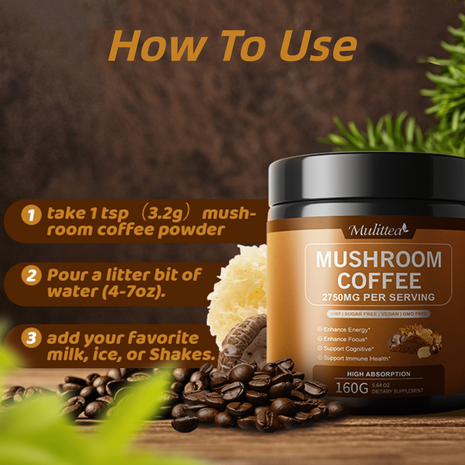 Mulittea Mushroom Coffee with Ashwagandha & Collagen – Lion's Mane, Cordyceps & Chaga Blend for Energy & Immune Support, Focus & Mental Clarity - Sugar-Free Instant Coffee Powder -100 Servings