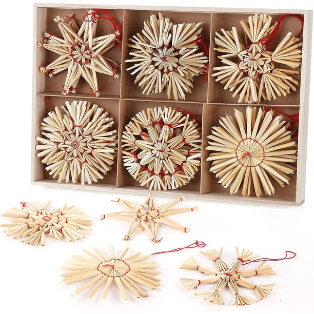 Estrella De Paja El Árbol De Navidad, Juego De 24 Estrellas De Paja Festivas - Colgante De Paja Natural Para Decoraciones Para Árboles De Navidad, Decoraciones Navideñas - Con Una Hermosa
