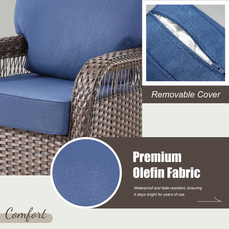 6 Piece Outdoor Wicker Furniture Sets,Patio All Weather Cushioned Conversation Sets with Swivel Rokcing Chairs, Ottomans and Sie Table for Backyard Porch Garden,Blue