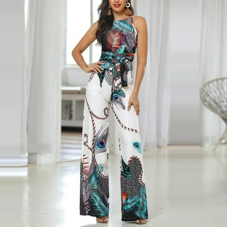 

Rompers for women Women s Fashion Casual Sleeveless Peacock Feather Printed Camisole Jumpsuit Fragarn