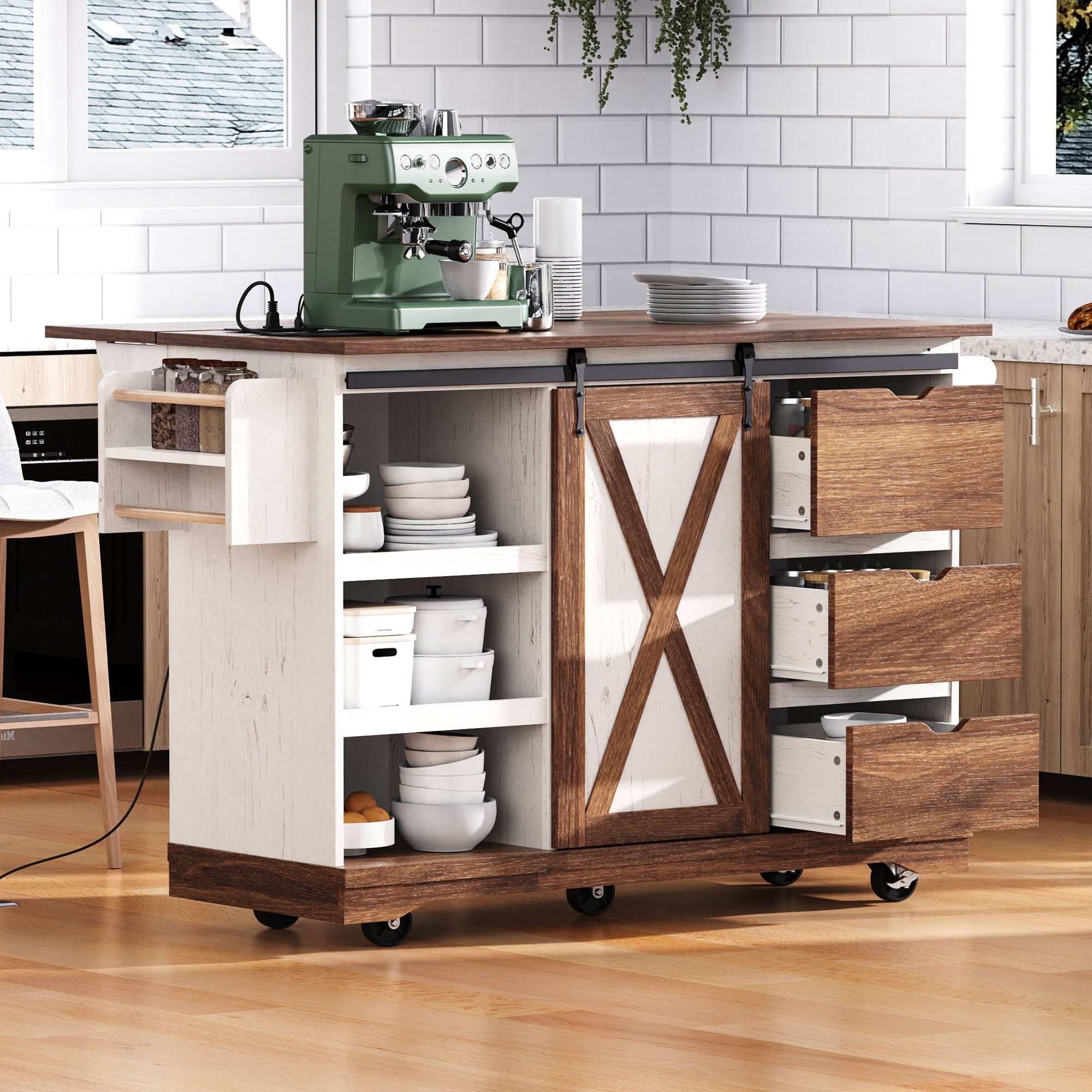 Euroco Farmhouse Kitchen Island with Drop Leaf, Charging Station, Storage Cabinet & Drawers, Rolling Kitchen Cart with Barn Door – 55.5''W