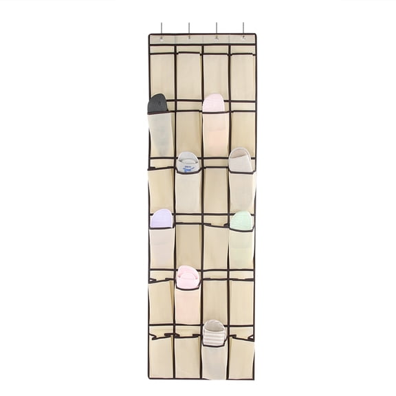 Riousery 24 Pockets Multi-Purpose Non-Woven Hanging Shoes Storage Bag Organizer Holder Beige Diaper Caddy Dresser Top Size 62.9 x 19.3 inches / 160 x 49 cm with 4 Metal Hooks for Door Setup