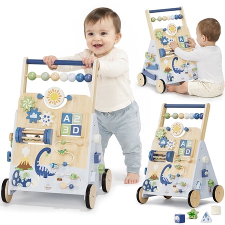 Toddler Push Walker, Wooden Push Walking Toys for 1-3 Year Old, Adjustable Speed Walker for Boy Girls, Dinosaur Toddler Walker, Montessori Walker Toy, Sit to Stand Walker with Activity Center