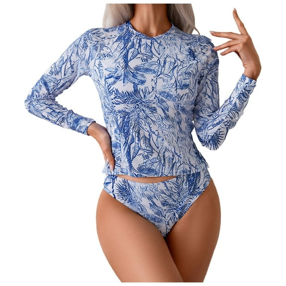 Hauetro Two Piece Rash Guard for Women Sun Protection Long Sleeve Swimsuits Quick Dry Swim Shirts(Sky Blue,S)