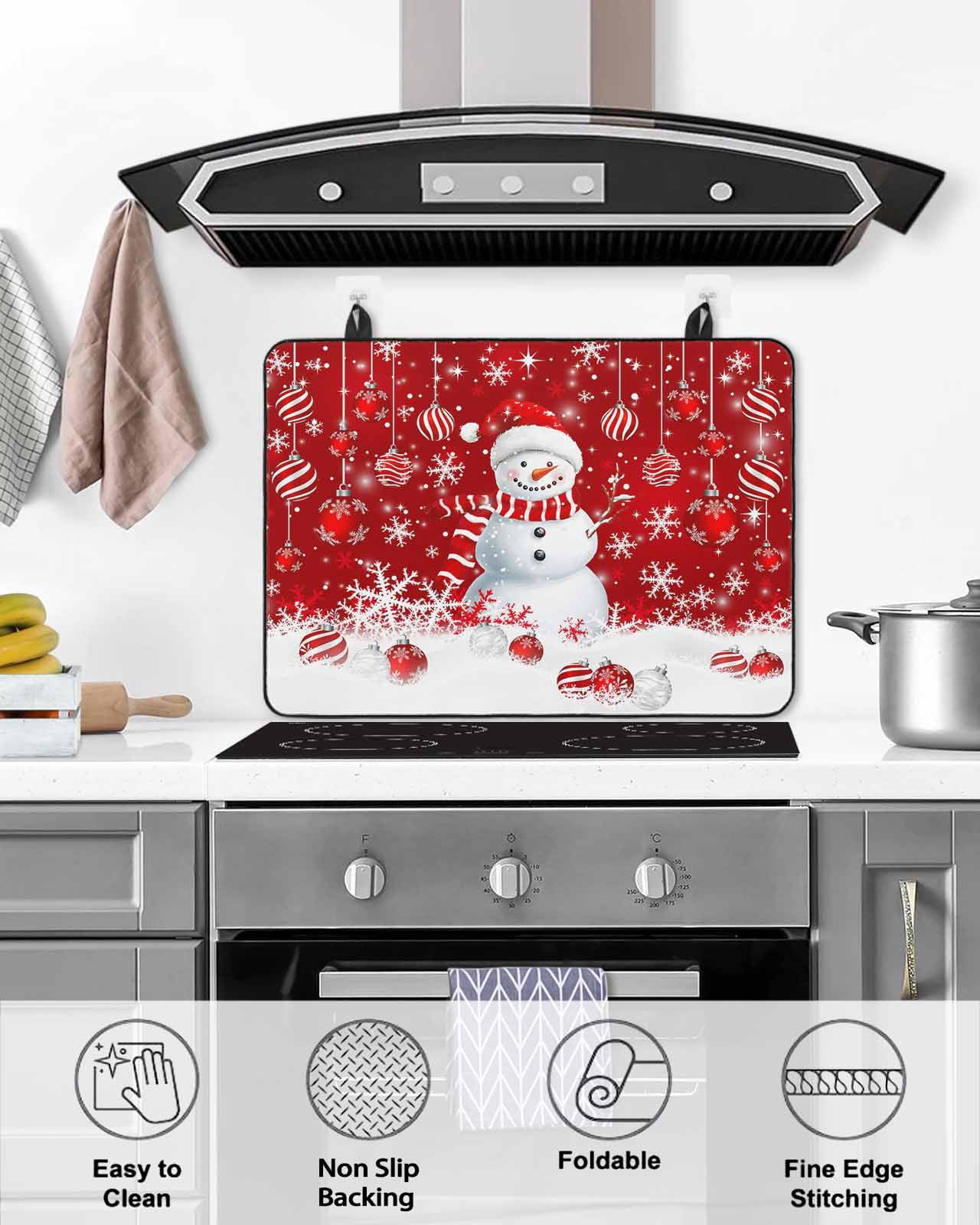 Large Induction Cooktop Protector Mat Red Snowman Christmas Stove Top Covers for Electric Stove, Xmas Balls Snowflake Decorative Stove Burner Cover Mats, Glass Top Stove Cover