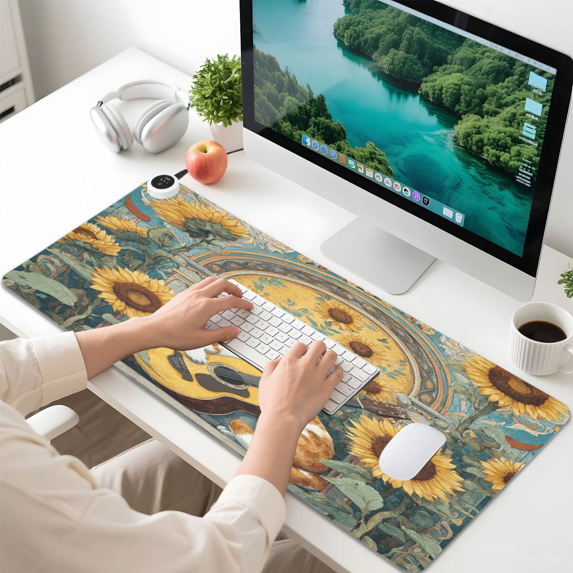 Large Heated Desk Mat Mouse Pad 31.5"x13"PU Leather Graphene Heating Desk Warmer with 3 Temperature Settings 110V US Plug Non-Slip Warm Pad for Home, Office, and Gaming Orange Cat Playing Guitar