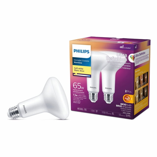 PHILIPS 7.2W (65W) BR30 Ultra High Definition Medium Base Soft White Dimmable LED Light Bulb 2 pack