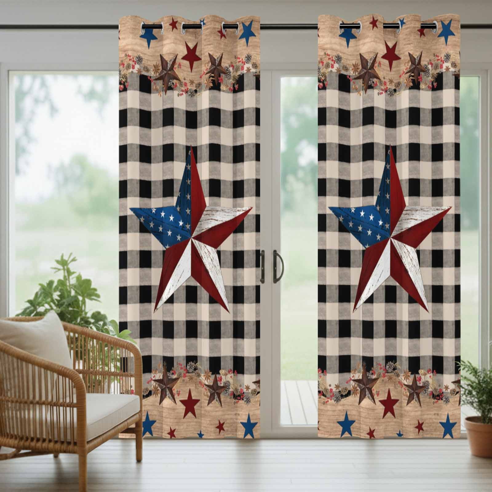 Country Stars Outdoor Curtains for Patio, Vintage Black Plaid U.S. Flag Farms Wood Board Sunshade Privacy Drapes Grommet Waterproof Outside Curtains for Porch/Cabana/Balcony 54"x 108", 1 Panel