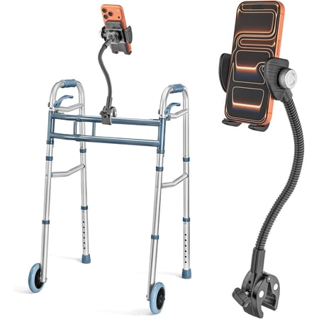 Walker Phone Holder [Super Durable] Long Gooseneck Phone Mount Clamp for Rollator Walker, Rolling Walker, Lightweight Walkers, Walkers for Seniors, Fit for 4~7" iPhone 17 16, All Smartphone