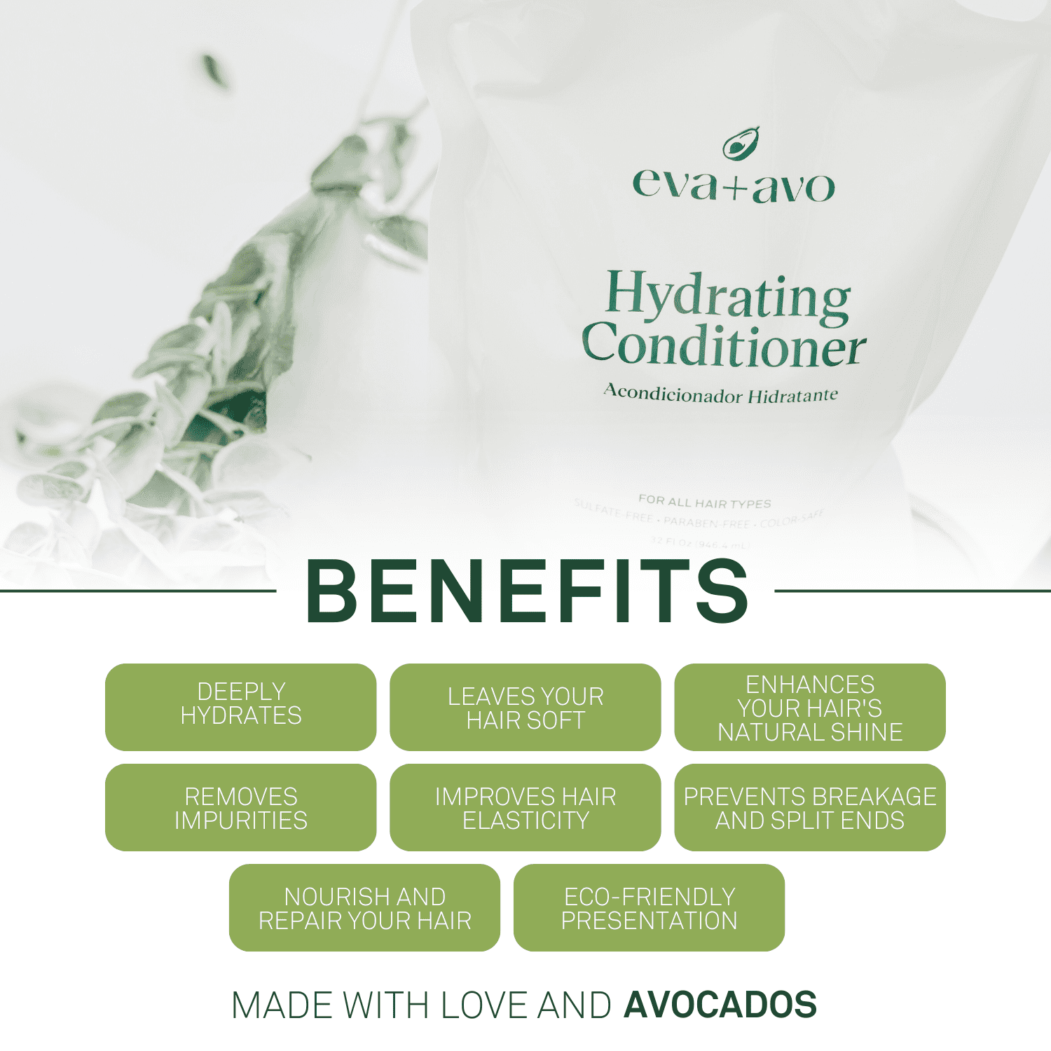 eva+avo Sulfate Free Conditioner with Avocado Oil, All Hair Types, Squeeze Pouch, 32 fl oz