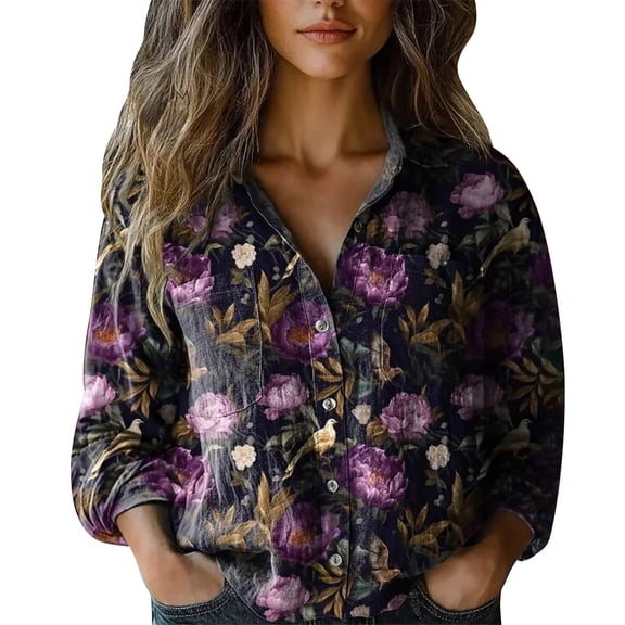 Womens Tops Trendy Print Long Sleeve Cotton Button Blouse Spring Summer Shirts for Women Black L
