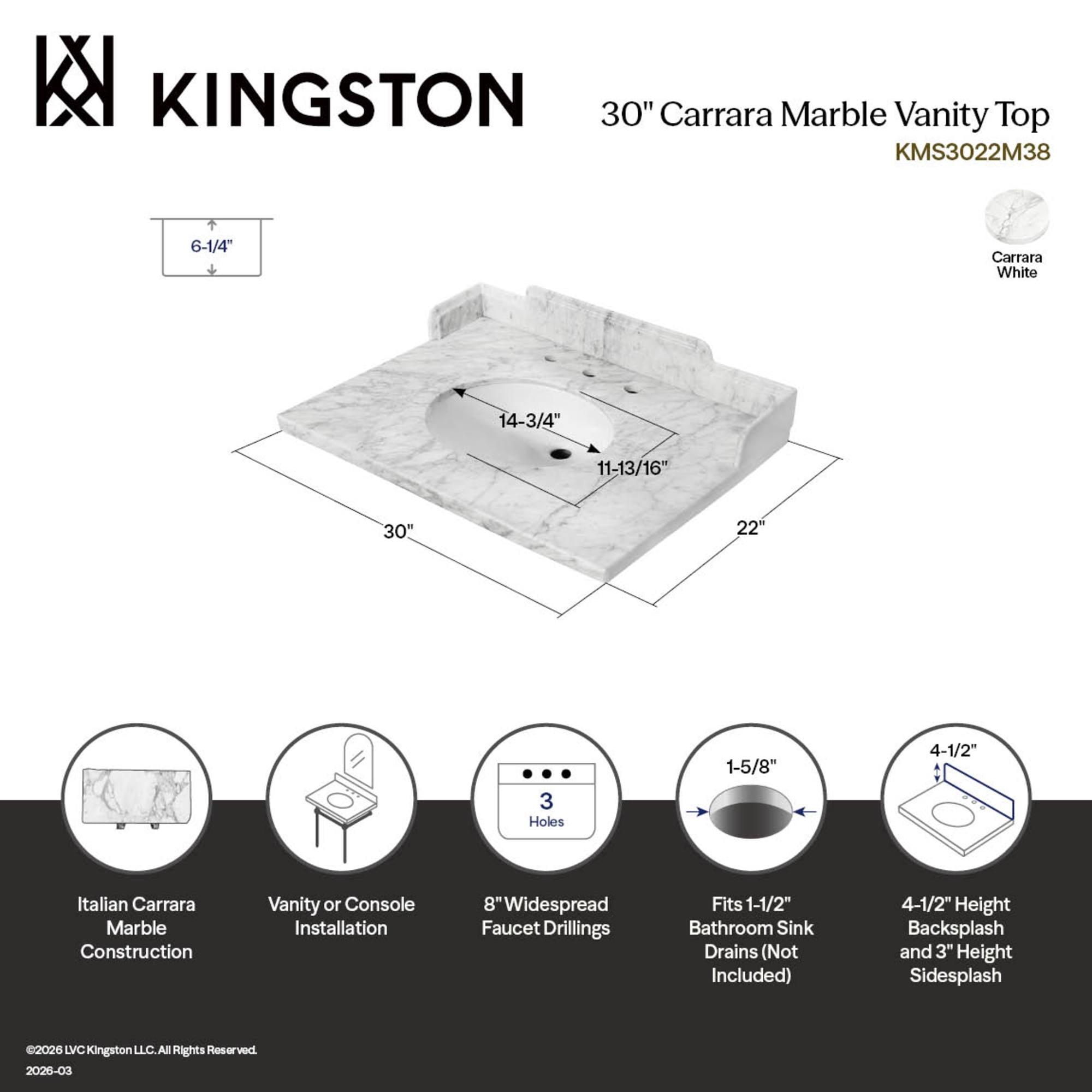 Kingston Brass KMS3022M38 Pemberton 30-Inch Carrara Marble Vanity Sink Top (8" Faucet Drillings) in Carrara White