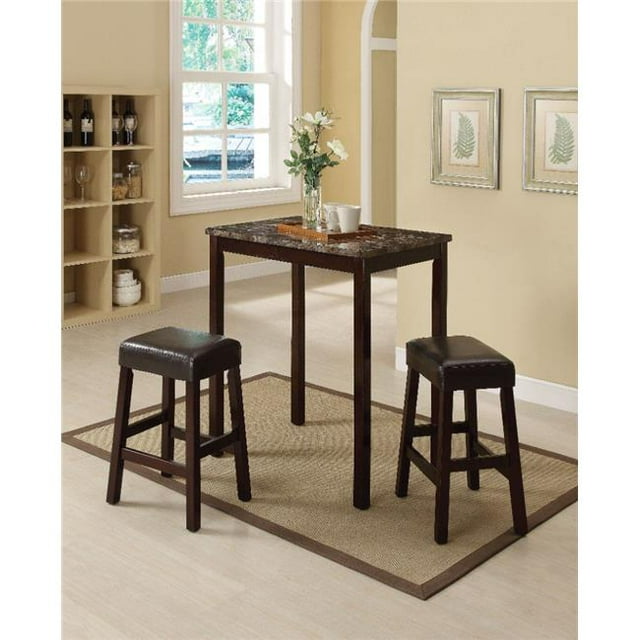 36 x 22 x 32 in. Wood & Marble Counter Height Set, 3 Piece - Brown