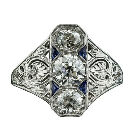 Deco White Topaz Blue Sapphire Gem Ring Women Wedding Jewelry