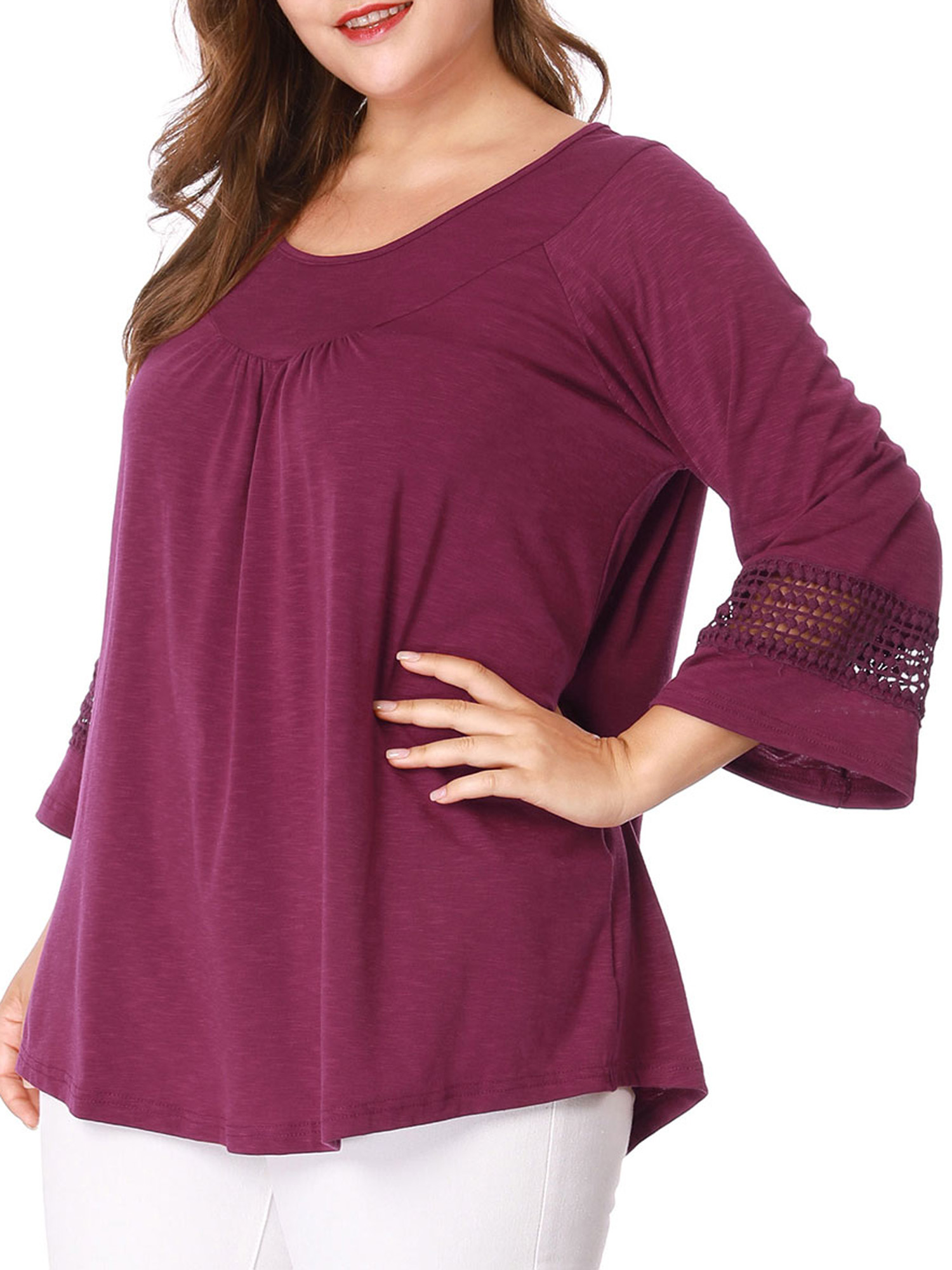 Unique Bargains Juniors' Plus Size Crochet Panel Kimono Raglan Sleeves Ruched Front Top Purple 3X