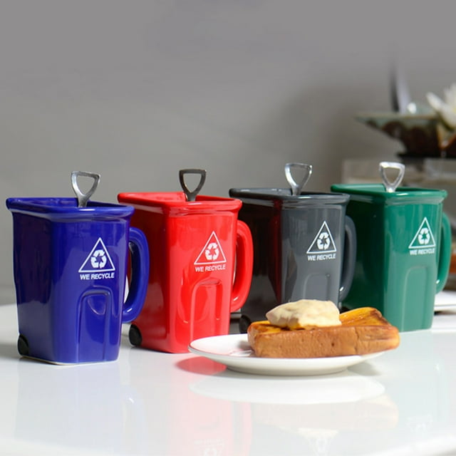 Fiudx Taza de Cerámica con Forma de Cubo de Basura, Diseño Peculiar de Extraterrestre, Decoración Divertida para El Hogar, Taza Original para Té y Café, Forma Única, Ideal para Mujeres y Niños, Rojo,