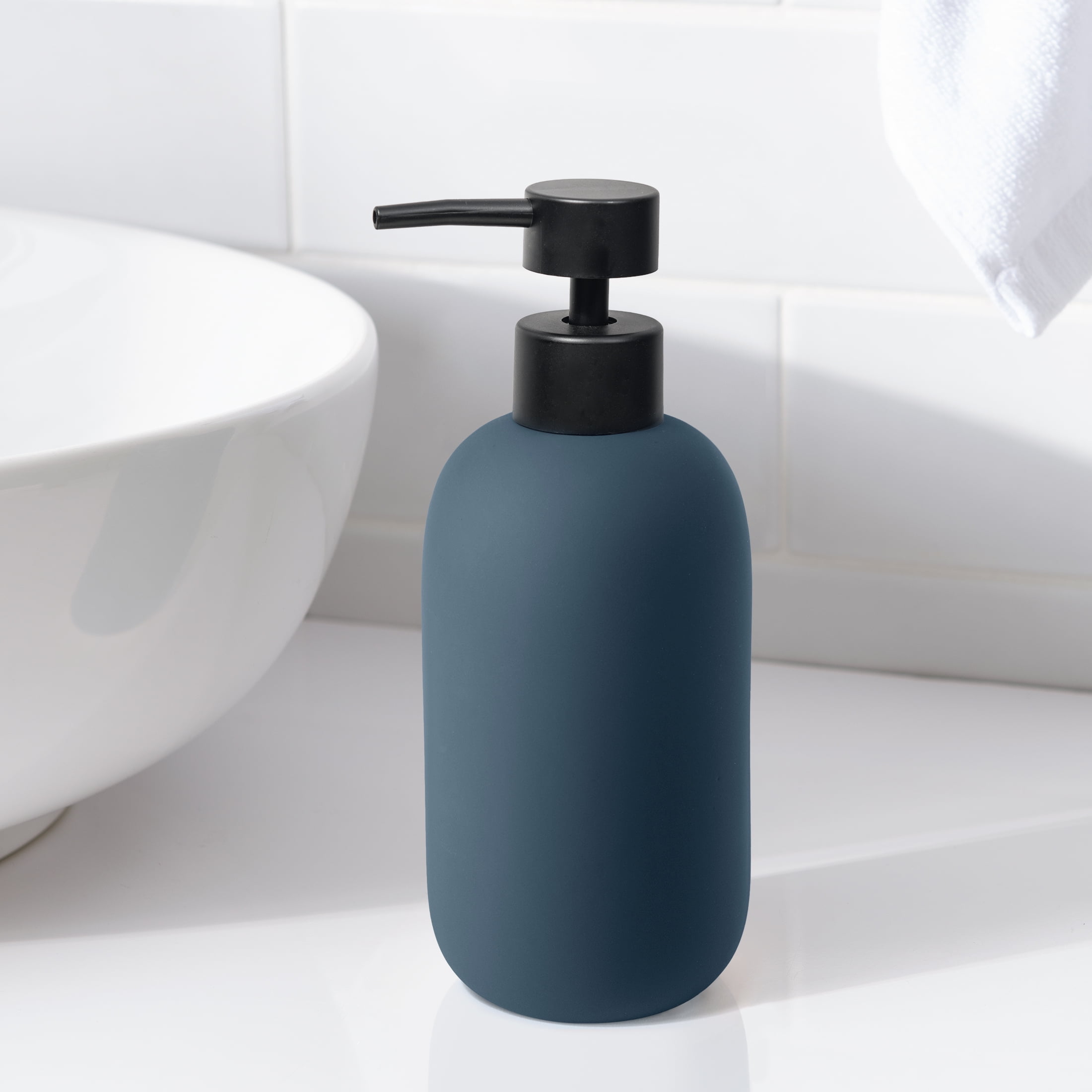Mainstays Blue Soft Touch Ceramic Lotion Pump Dispenser with Matte Black Pump