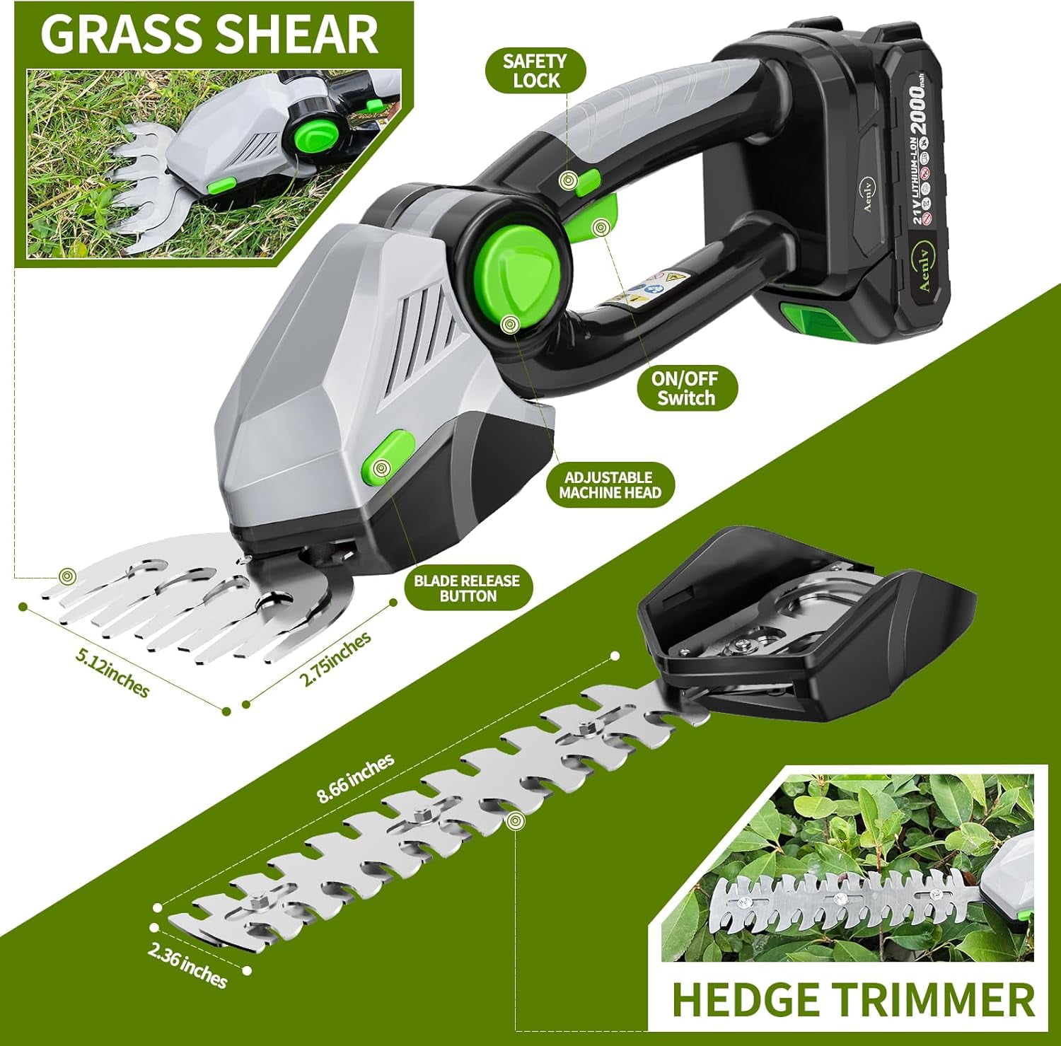 Cordless Hedge Trimmer, 2-in-1 Grass Shears Handheld with Battery and Charger, Electric Shrub Trimmer Kit for Garden, Yard and Lawn, Green
