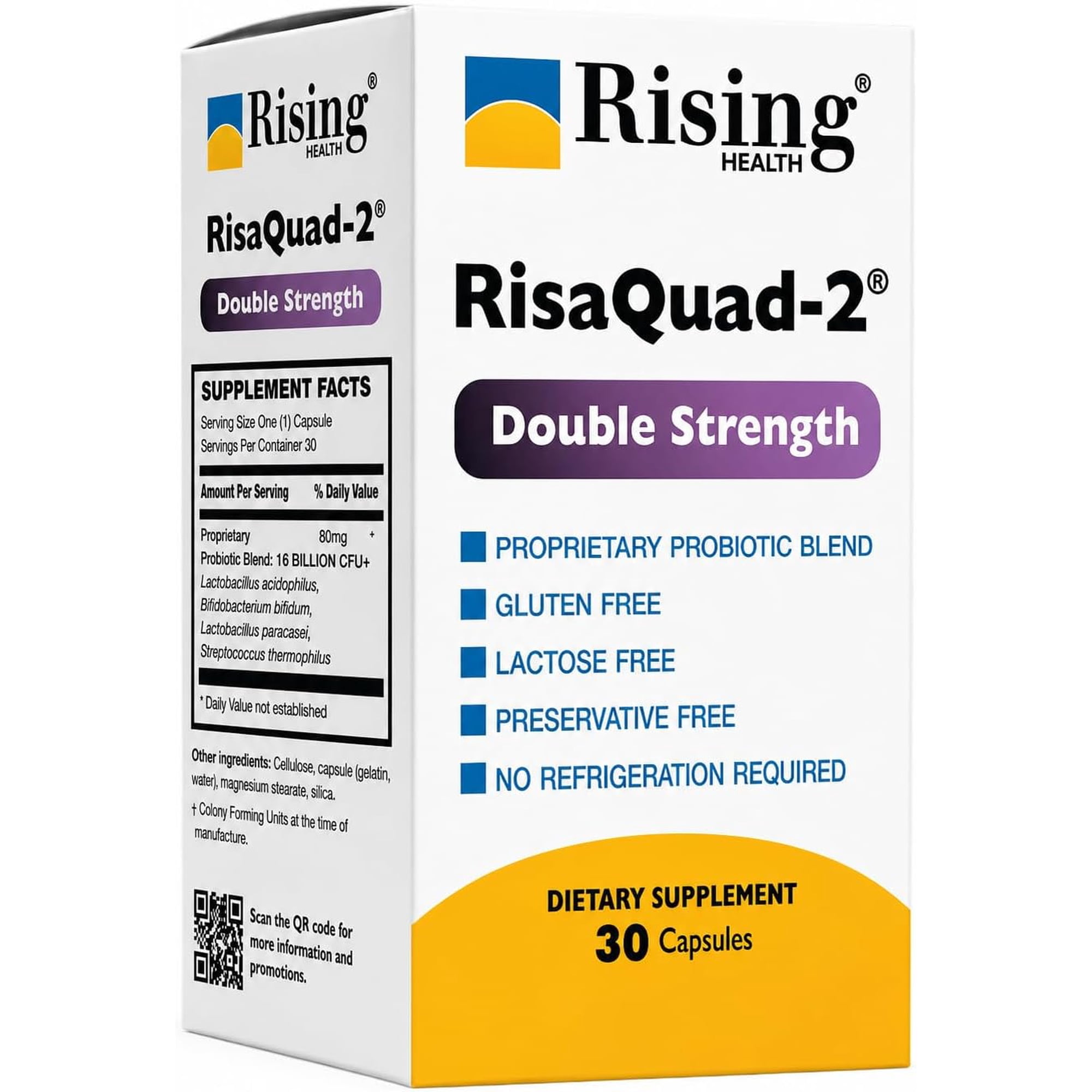 Rising Pharmaceuticals RisaQuad-2 Double Strength Probiotic Capsules, 30 Count