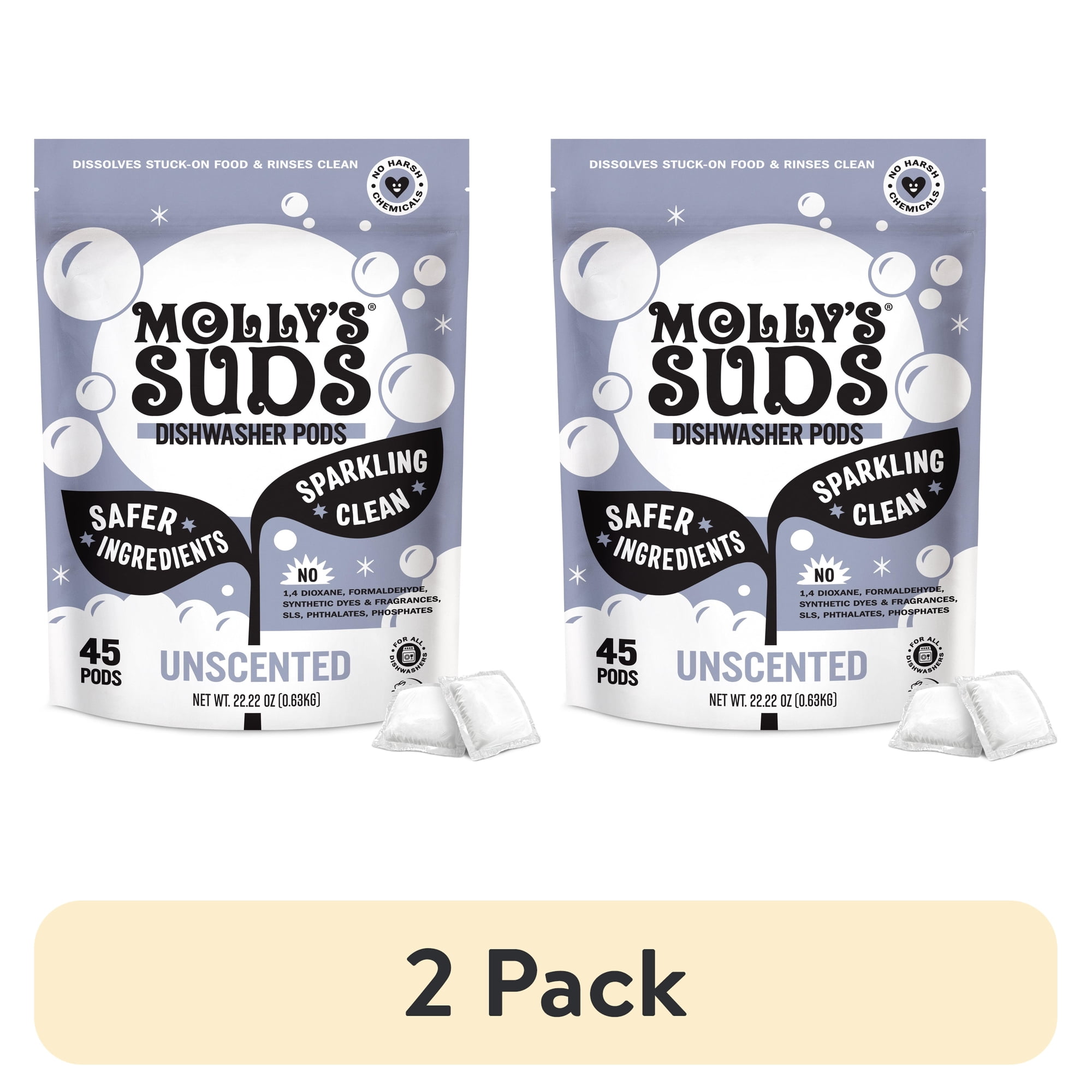 (2 pack) Molly's Suds Dishwasher Pods, Dishwasher Detergent, Cuts Grease & Rinses Clean (Residue-Free) for Sparkling Dishes, 45 Auto-Release Tabs (Unscented)