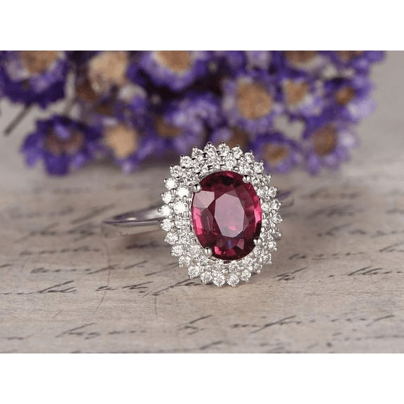 HeartsAndYou 3ct Natural Ruby & Diamond Ring Double Halo 100% REAL 14k SOLID White Gold