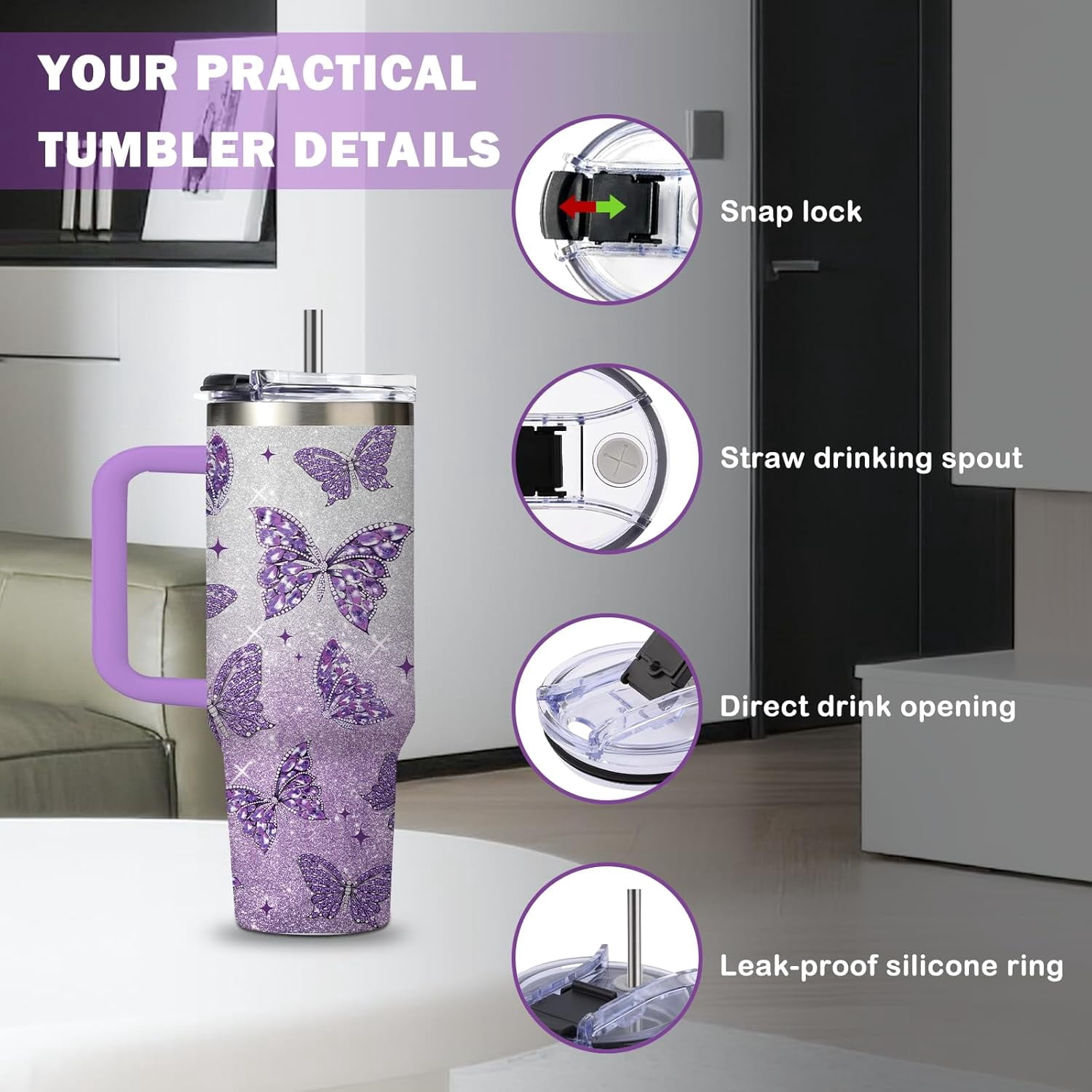 Butterfly Gifts for Women 30oz Purple Butterfly Tumbler with Handle and Straws Stainless Steel Insulated Travel Coffee Mugs, Leak-Proof, Birthday Christmas Gifts for butterflies Lover Water Cup