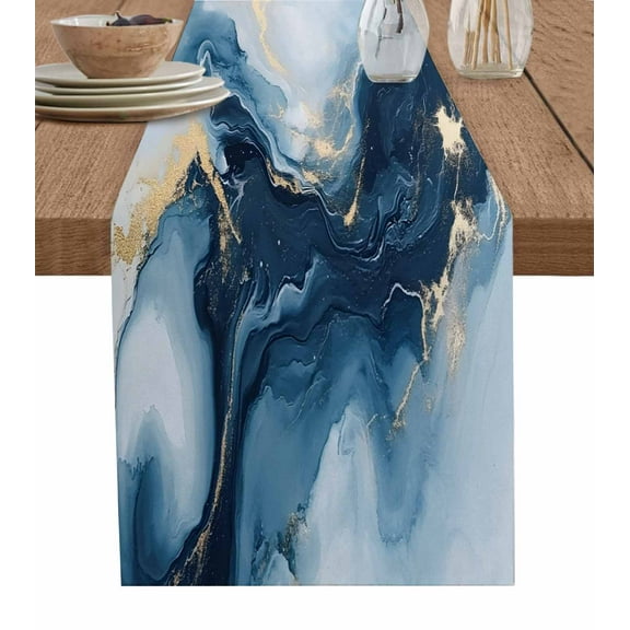 Marble Blue Table Runner-Cotton Linen- 90 Inch Holiday Dresser Scarves, Modern Abstract Gradient Gold Paintings Tablerunner for Kitchen Coffee/Dining Bedroom Home Living Room Dinner Scarf Décor 13x90