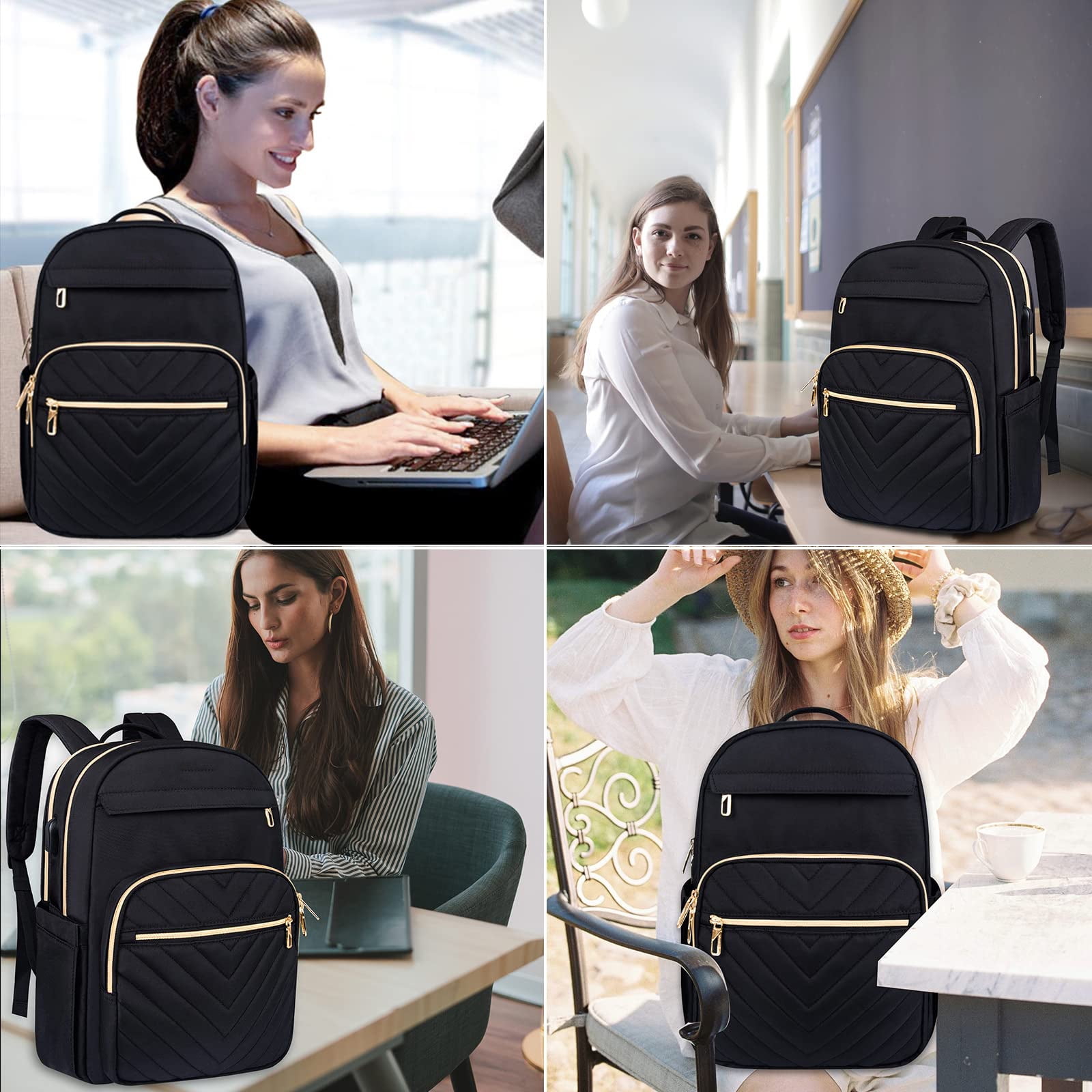 GlneYos Women Laptop Backpack,17.3inch Travel Work Laptop Bag with USB Port Waterproof Fashion Backpacks Nurse Stylish Casual Daypacks for College, Business, Black