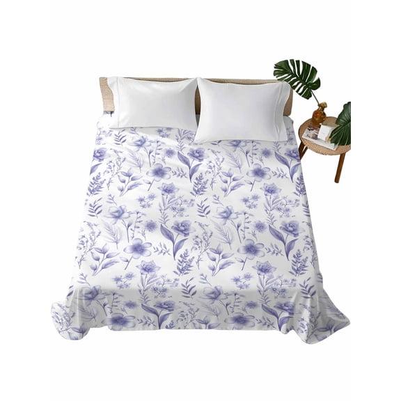 California King Size Flat Sheet Only, Elegant Purple Flowers Soft Brushed Microfiber Bed Sheets, Spring Floral Botanical Summer Hotel Quality Breathable Bedding Top Sheet, Easy Care, 108"x98"