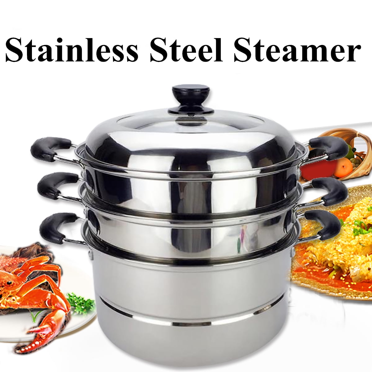3 Tier Stainless Steel 12Inch Steamer Cookware Pot Saucepot Multilayer Boiler with Tempered