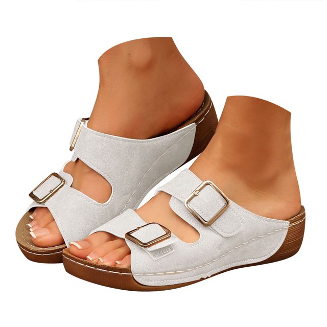 IUJSOY Womens Wedge Sandals Double Buckle Slip on Slippers Comfortable Arch Support Walking Shoes