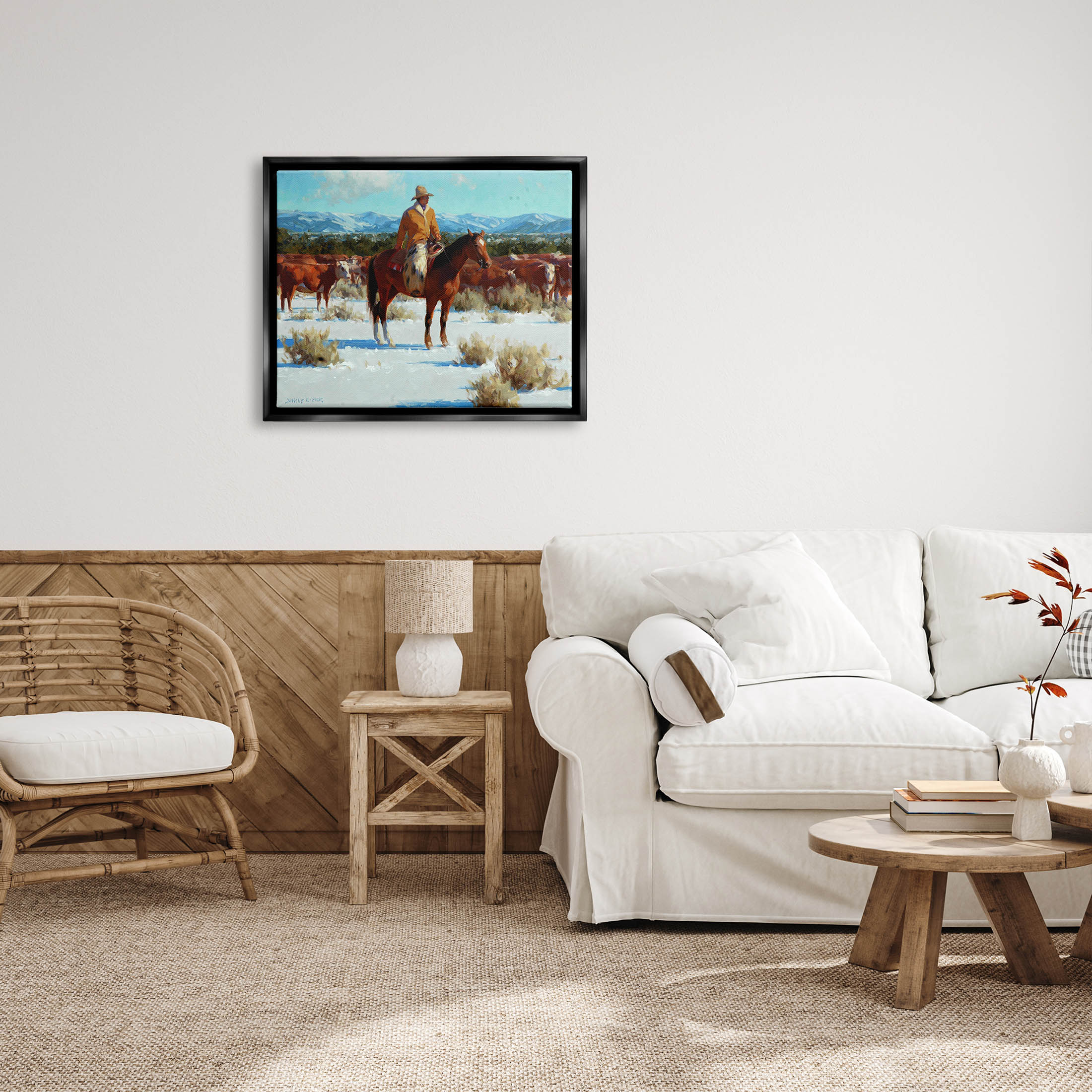Winter Cowboy Cattle Landscape Animals & Insects Painting Jet Black Framed Art Print Wall Art