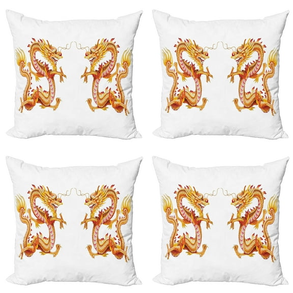 Ambesonne Dragon Throw Pillow Cover 4 Pack, Chinese Philosophy, 18", Vermilion Yellow