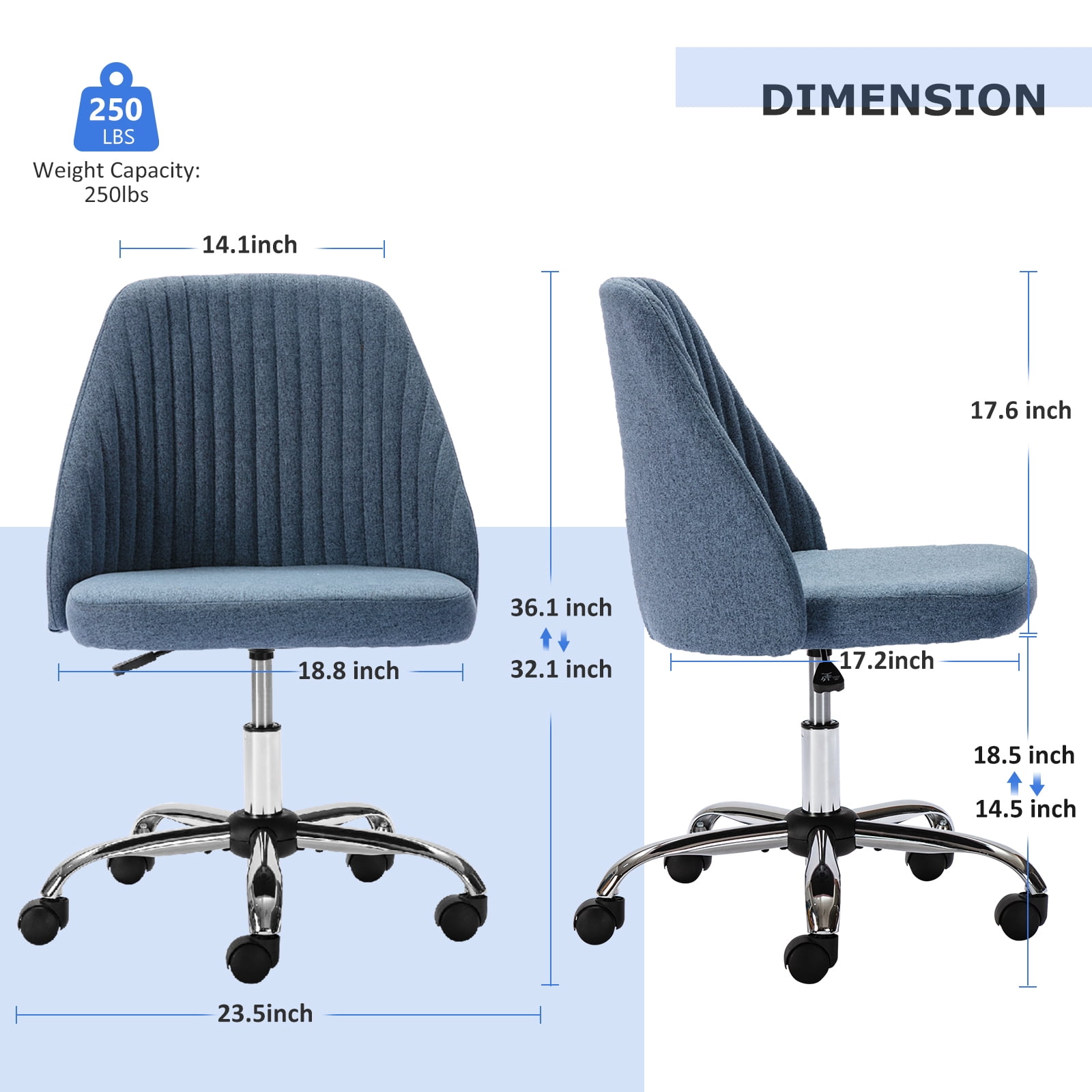 Home Office Chair, Mid Back Armless Fabric Upholstered Desk Chair with Wheels Adjustable Swivel Vanity Chair for Bedroom,Living Room, Blue