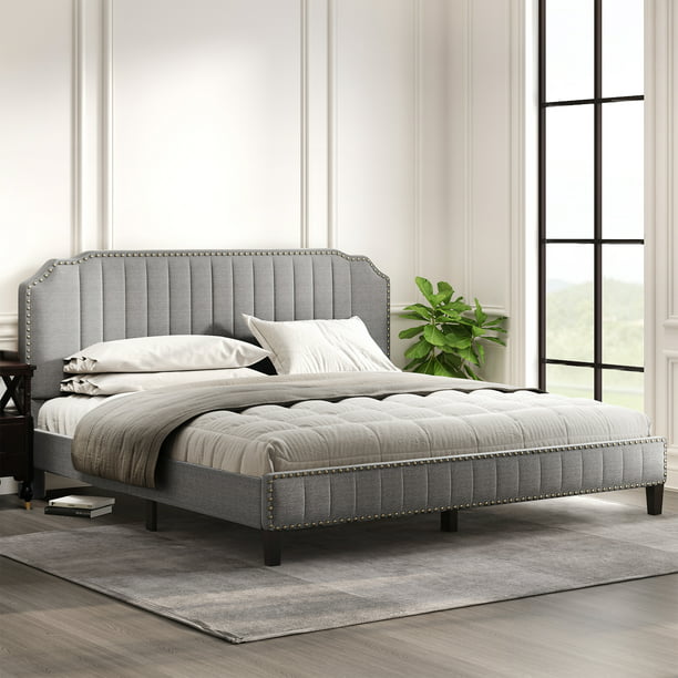 Upholstered King Platform Bed Frame, King Size Bed Frame With Headboard No Box Spring