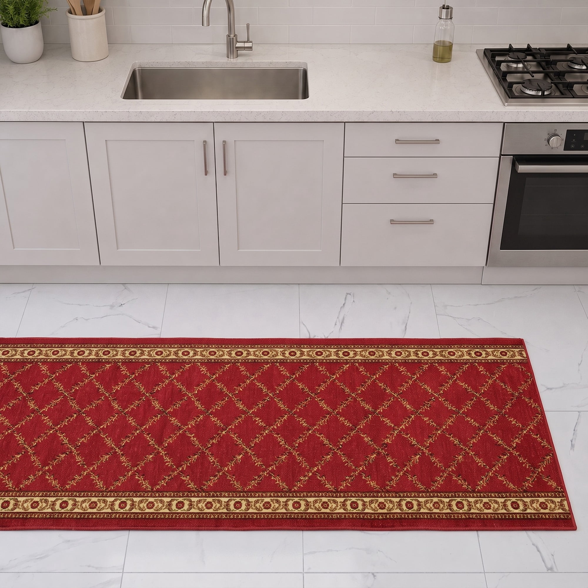 Ottomanson Extra Long Runner Rug 2'7" x 15' – Non-Slip Low Pile Hallway Carpet, Trellis Burgundy Red