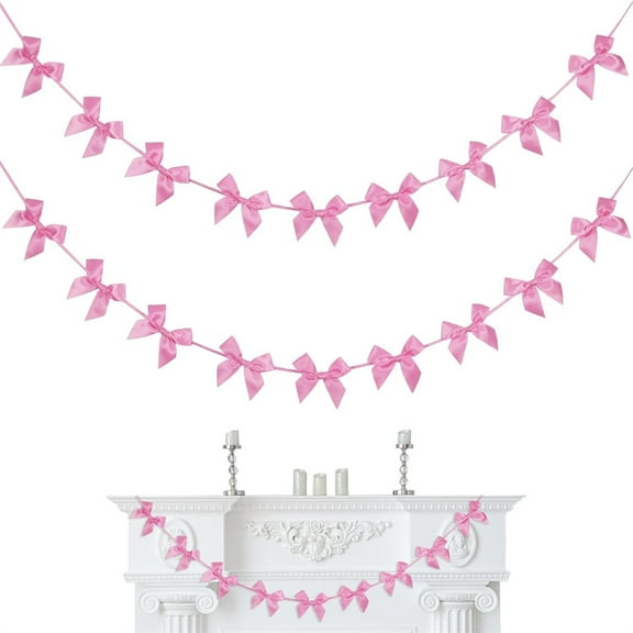 NOGIS 2Pcs Pink Bow Garland Banner for Coquette Birthday Bachelorette Party Decorations, 12.5FT Satin Bow Banner Decorations for Wedding Favors Bridal Shower Engagement Party Supplies Gift