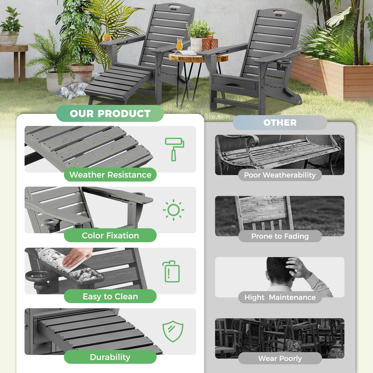 Ciokea Folding Adirondack Chair with Ottoman HDPE Pool Chair Pull Out Footrest with 2 Cup Holders Patio Garden Grey
